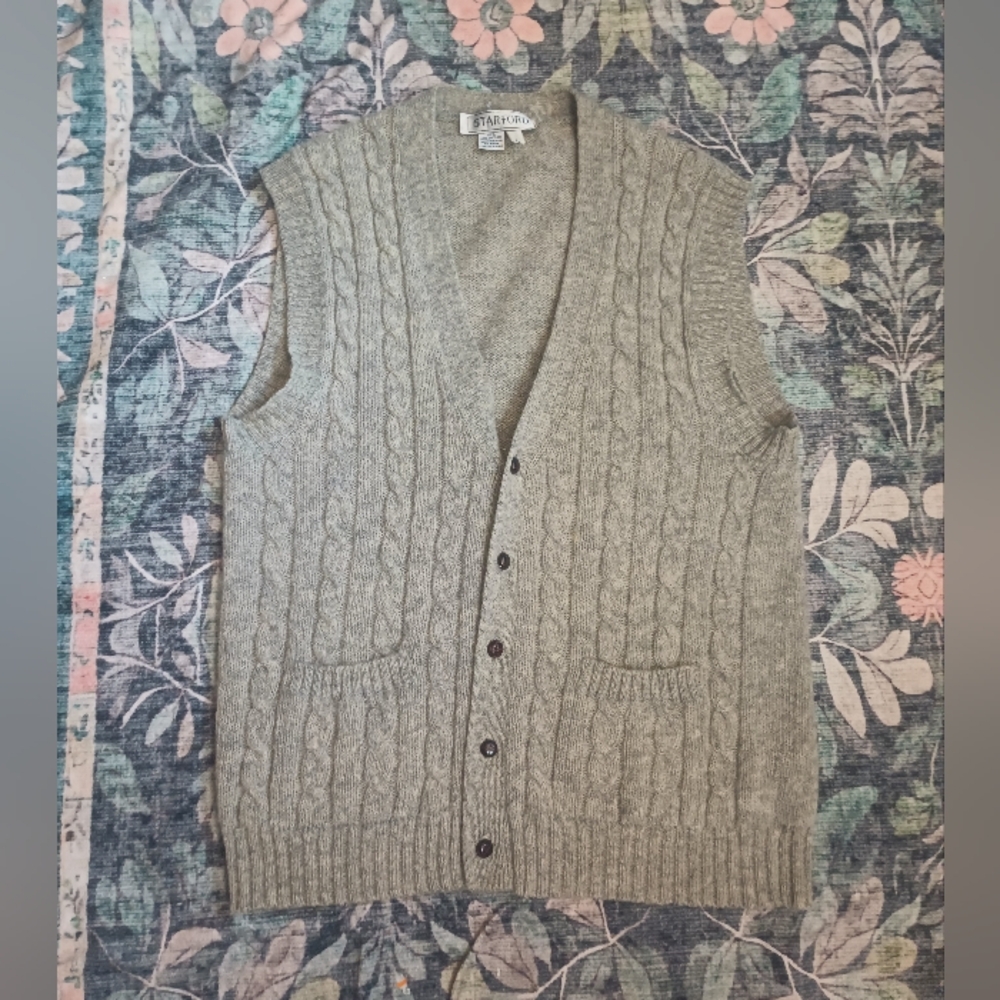 Vtg Mens Cable Knit Button Cardigan Vest Large Shetland Wool Academia Grandpa